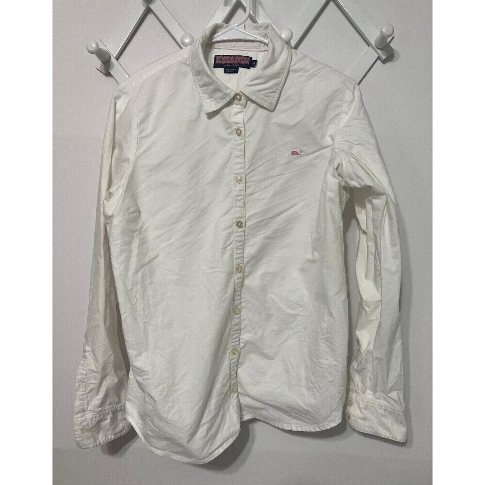 Vineyard Vines White Dress Shirt Button Down Pink Whale Shep Ian Size 10 Medium
